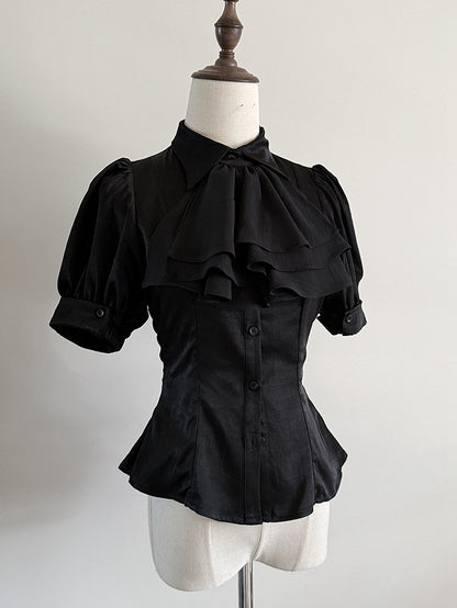 Black Sharp Collar Gothic Lolita Short Sleeves Blouse Jabot Tie - Flower Fairy Daily