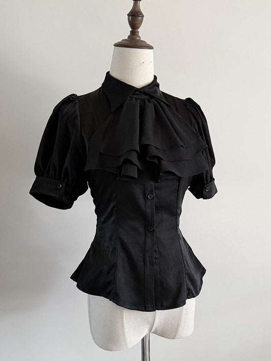 Black Sharp Collar Gothic Lolita Short Sleeves Blouse Jabot Tie - Flower Fairy Daily