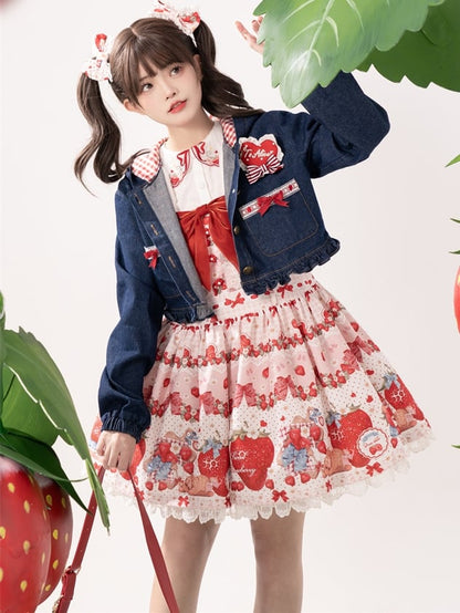 Spring Strawberry and Rabbit Print Big Bow Rabbit Ears Design Light Pink Sweet Lolita Overall Dress
