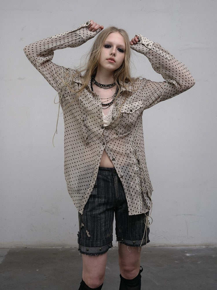 Apricot Laces Shirt with Cross-Tie Punk Dot Side Chiffon Polka Slits
