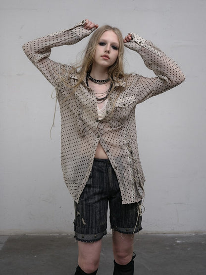 Apricot Laces Shirt with Cross-Tie Punk Dot Side Chiffon Polka Slits