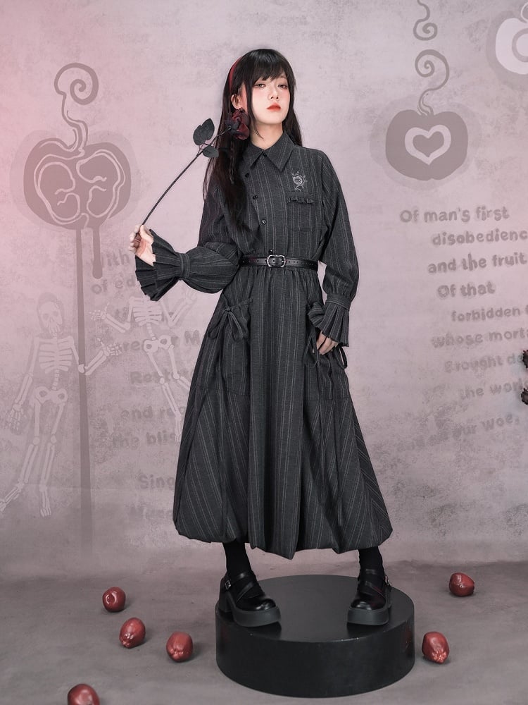 Blouse Stripe Vintage Embroidered Gothic Chinese Gray Placket Diagonal Flare Sleeve