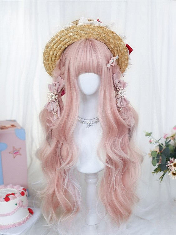 長さ75-80CMのピンクウェーブフル前髪ウィッグ