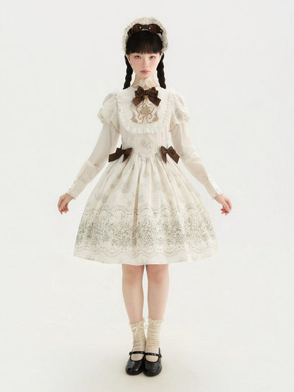White and Piece Bodice Short Bowknot One Floral Embroidery Classic Version Lolita