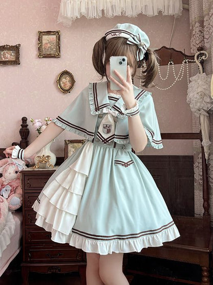 Mit Saum Cape Sailor Lolita Kragen Grün Rüschen Kleid Licht