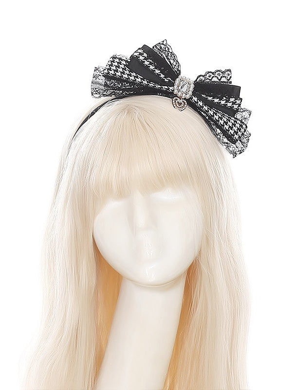 Black White Houndstooth Rhinestone Bow KC - Puppet Bombs