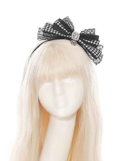 Black White Houndstooth Rhinestone Bow KC - Puppet Bombs