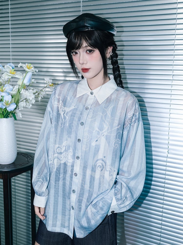 Blue Loose Sun Protection Chiffon Long Sleeve Shirt with Deer Print - Quirky Hut