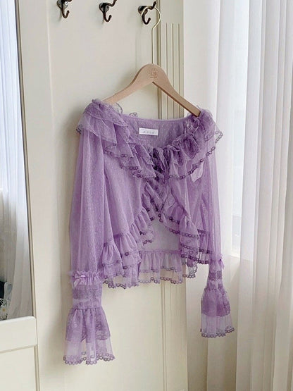 Top Sleeves Long Sheer Tulle Purple Trimming Flounce Dotted