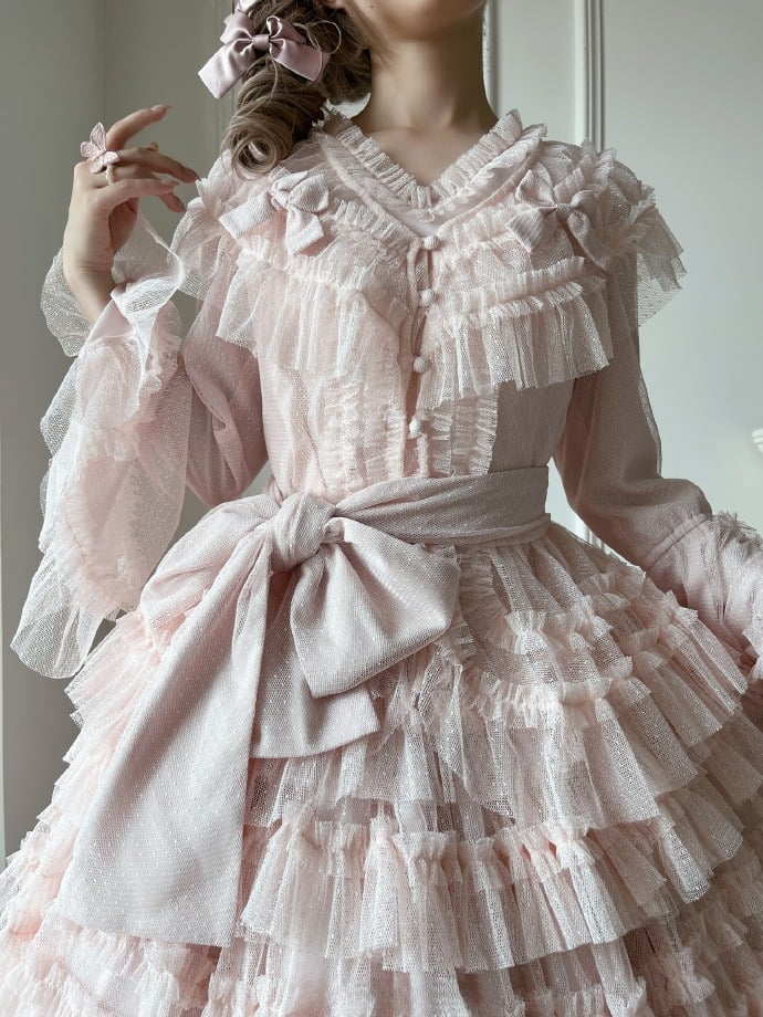 Mehrlagiges Set Bluse + Gürtel - Mesh Elegante Glockenärmel Taillenrock Lolita Baumwollweste Rosa Klassisch Tüll Gepunktet