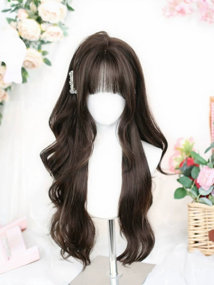 Brown Long Wavy Curly Wig with Air Bangs - Dalao Home