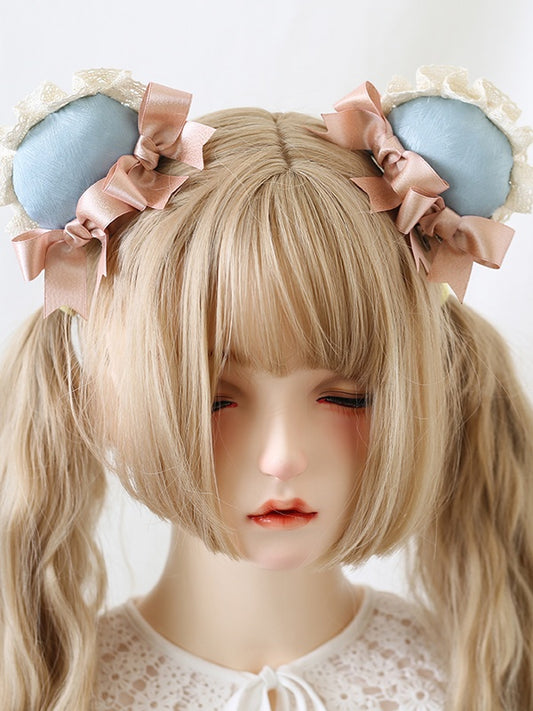 Green Lace Hairclips Lolita Bear / Cute Ear Pink and