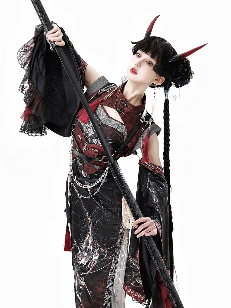 Lace-Trimmed Accents Detachable and Sleeves with Red Black Tassel