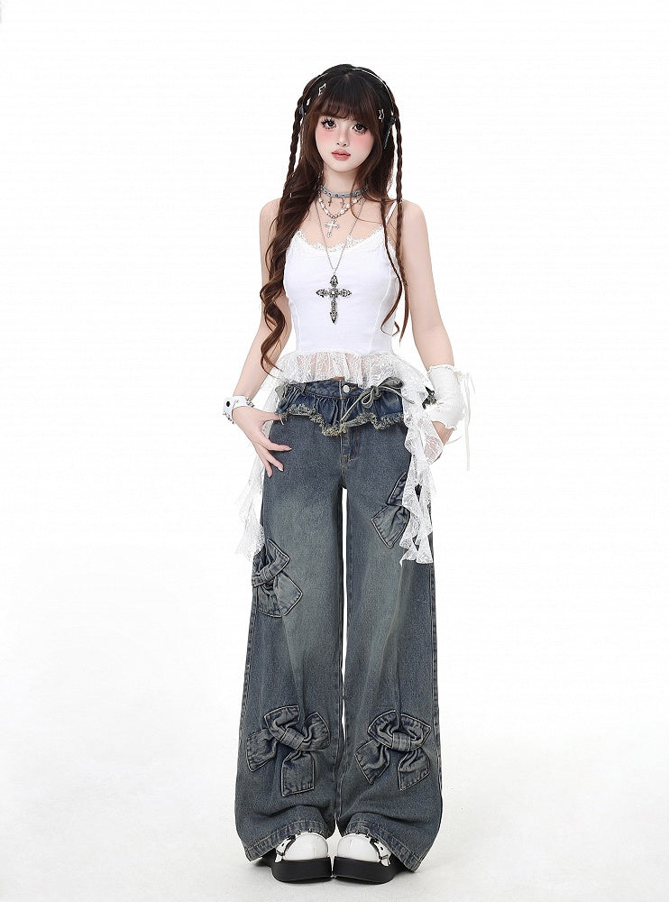 Hem Blue Big Bows Raw Wide-Leg Jeans
