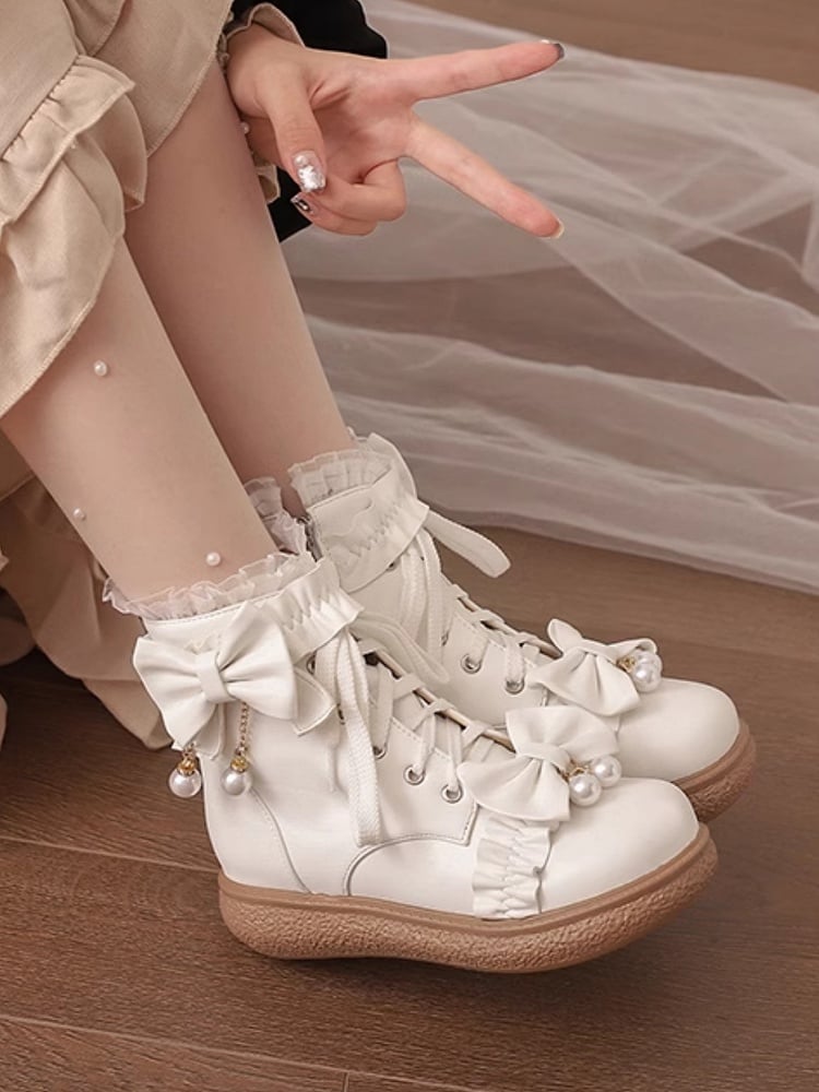 Version Bow Regular/Thicken Beaded with Accents PU Lace Lolita Boots Leather White Cuff Platform Charm 4cm