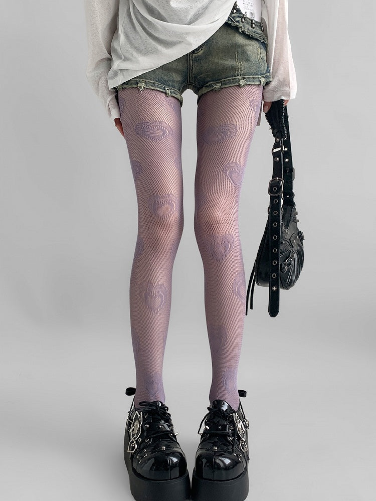 Lila/Beige/Rote Strumpfhose mit Herz-Print und ausgehöhltem Design