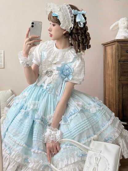 Azure Checkered Frilly Bow Lolita Jumperdress