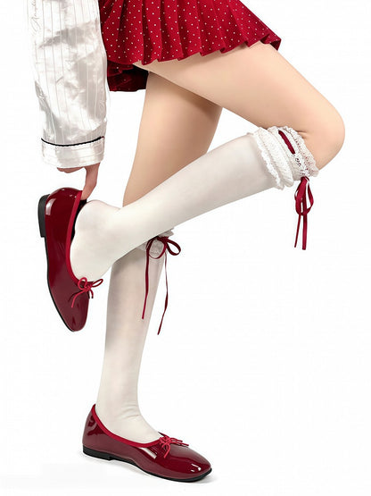 Lace Trim Bowknots White/Red/Black Socks Calf White with Lolita