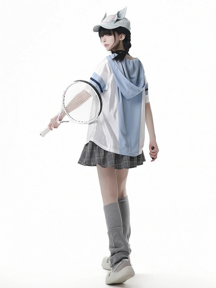 Blue Colorblock Design V-neck Blokette Core Hooded T-shirt