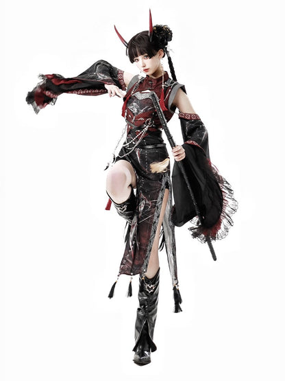 Dress Chest Vest Red - Corset cutout Asymmetrical with Black