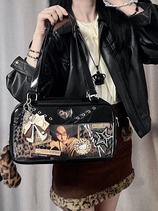 Black Cute Brown with Tail PU Bag Ita Shoulder Charm Leopard Decorated