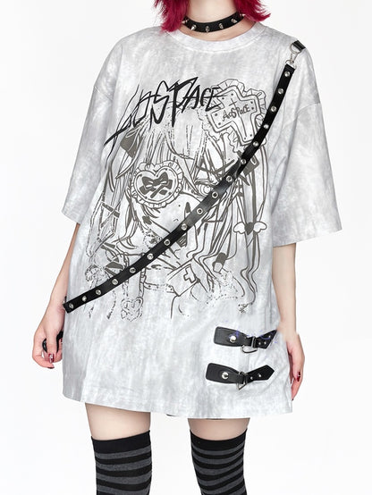 Anime Tie Strap Detachable Dye Decor Black/White T-Shirt with Print Girl Leather