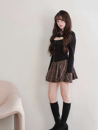 Dress Paneled Jirai Kei Knit Cutout Design Plaid Black