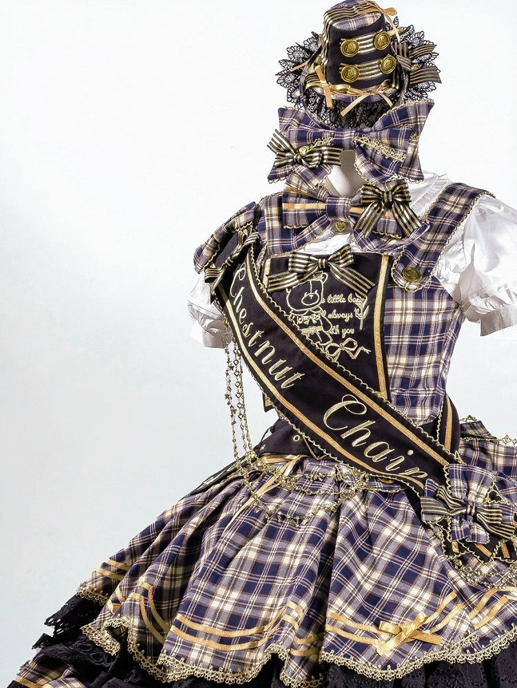 Blue Idol Lolita Plaid JSK Dress with Golden Bear Embroidery and Black Scalloped Hem - LiLi Chain