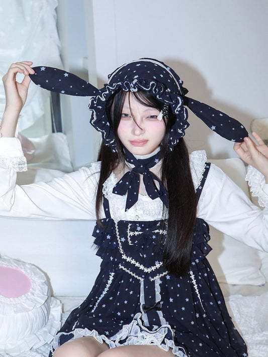 Navy Star Print Trim Bonnet White Blue Chiffon Bunny with Lace Ear