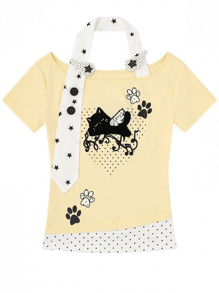 Halter Top with Kitten Embroidery & Polka Dots, Yellow, Short Sleeve - Languid Park