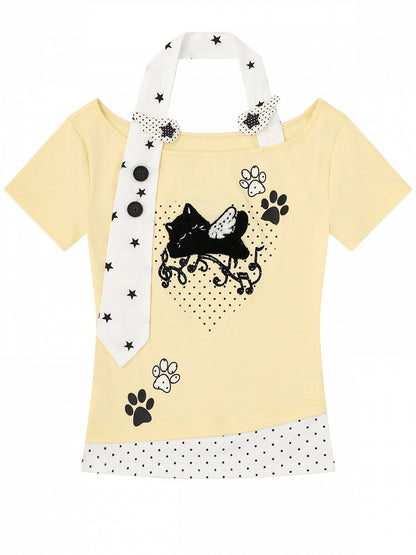 Halter Top with Kitten Embroidery & Polka Dots, Yellow, Short Sleeve - Languid Park