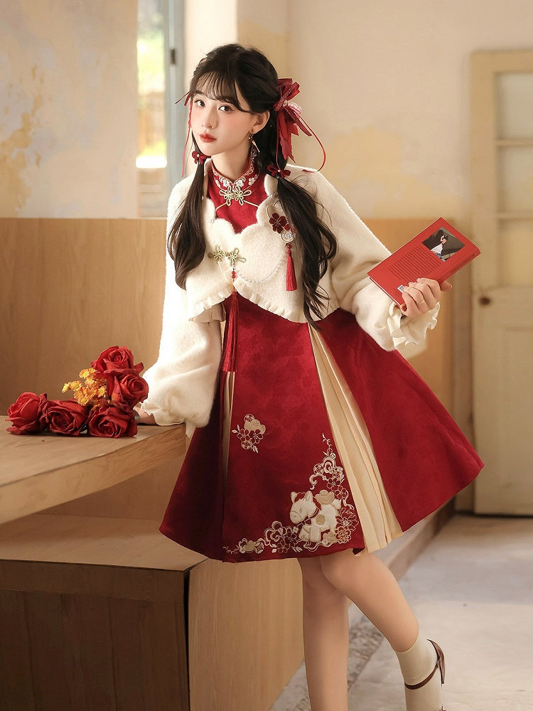 Red Floral Embroidered Chinese Dress with Plush White Top for Cold Seasons - Han Ru Chu Hanfu & Han-Element Studi