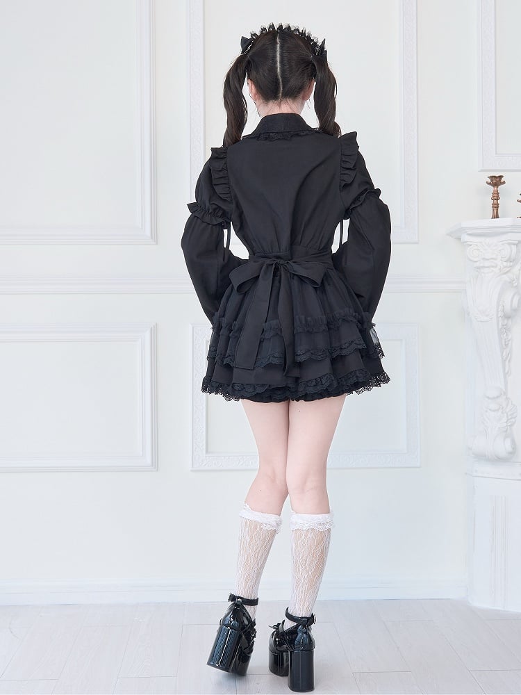 Jirai Lace Black Tiered Dress Gothic Detachable Bell with Sleeves Kei