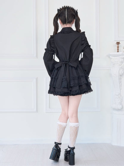 Jirai Lace Black Tiered Dress Gothic Detachable Bell with Sleeves Kei