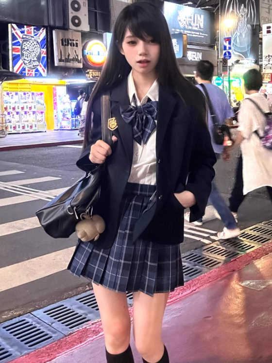 Blazer Button Preppy JK Manschetten verziert blau Stil Abzeichen Uniform dunkles Design