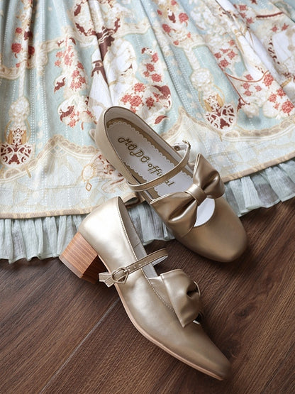 Golden Mid-heel Janes Top Mary at with Buckle - Bow Heart