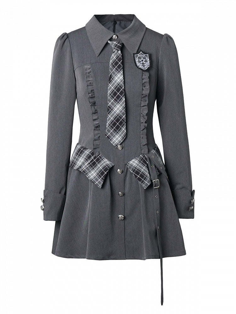 Ruffle Accent Gray Long Sleeve Preppy Dress with Plaid Tie & Shirt Collar - PINK SAVIOR