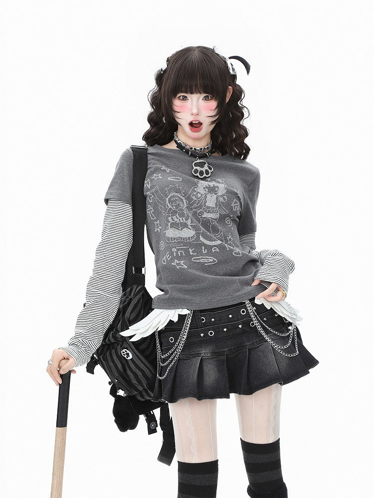 Cartoon Print Long Top Vibes: Otaku Striped Faux Sleeve Two-Piece White/Gray Cozy