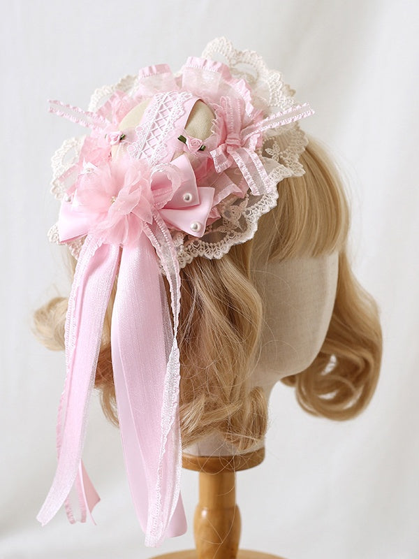 Hat Beige Pink Lolita Gorgeous Mini Bowknot Lace-Trimmed Light