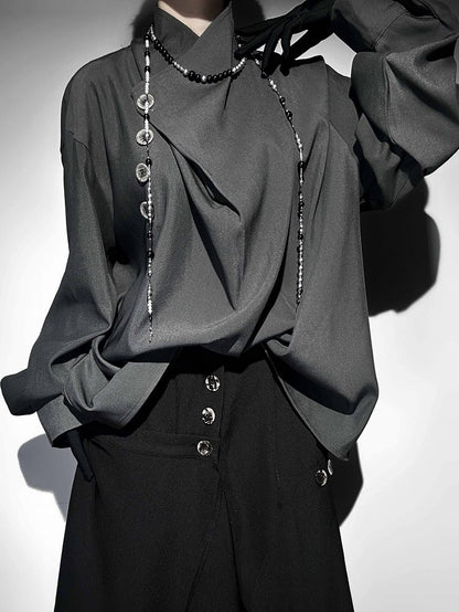 Button Collar Asymmetrical Placket with Gray Single Crossover Shirt Design