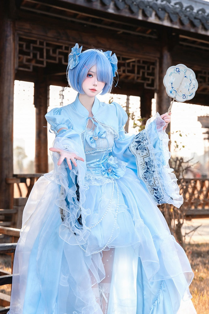 Taille Plus Top Princess Boned Verfügbare volle Größen + Set Blauer High-Low Lolita Rock