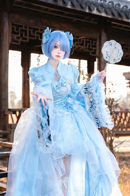 Taille Plus Top Princess Boned Verfügbare volle Größen + Set Blauer High-Low Lolita Rock