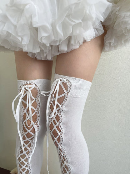 Hollow-Out Stockings Black/White Straps Self-tie