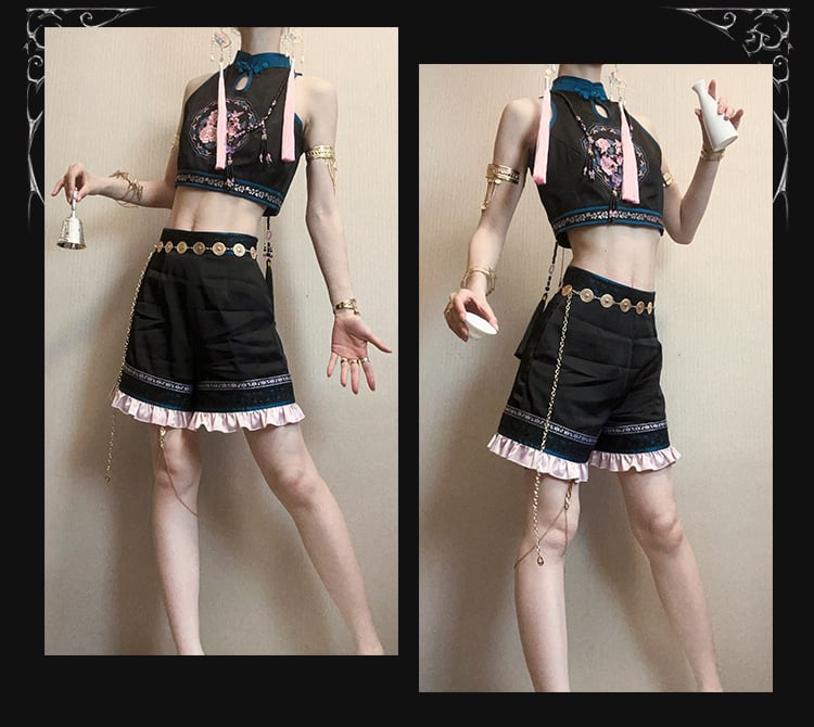 with Embroidery Floral Cheongsam Button Cropped Top Frog Sleeveless Collar and Cutout