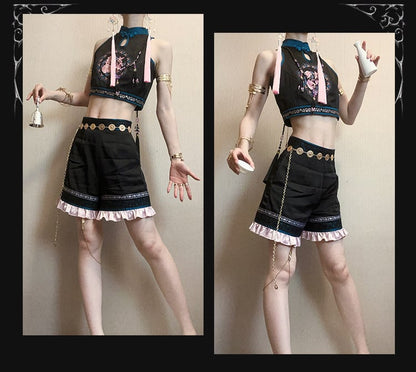 with Embroidery Floral Cheongsam Button Cropped Top Frog Sleeveless Collar and Cutout