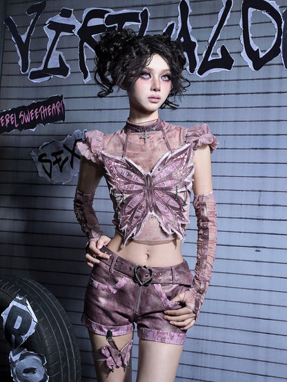 Pink Rhinestone Harness Butterfly Punk Belt Pastel Dusty Detachable Shorts Denim Leg Y2K with