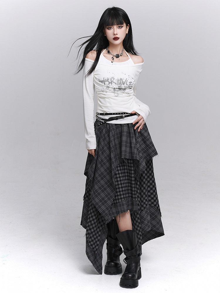 Hem Handkerchief Black Patchwork Skirt Waist with Elastic Plaid Gray Tiered