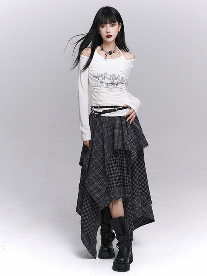 Hem Handkerchief Black Patchwork Skirt Waist with Elastic Plaid Gray Tiered