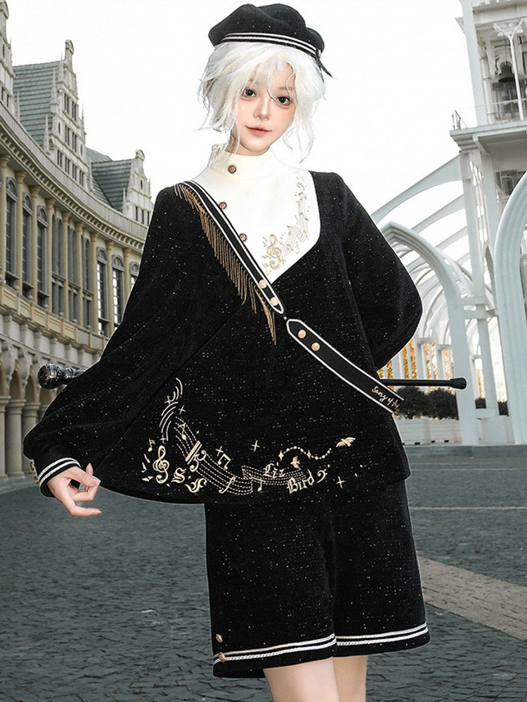 Set-Schwarz Schwarz Glitzernden Stil Ouji Waffel Preppy Mode Volle