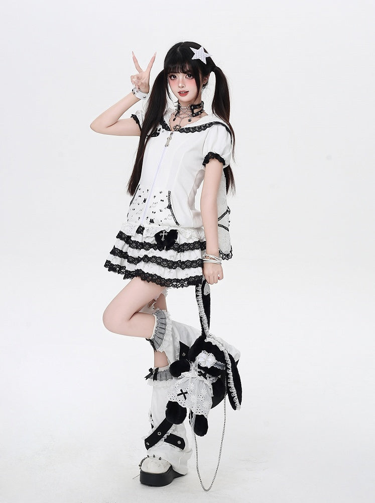 Jirai Trim Bunny Ears Design Hood Lace Kei Black/White